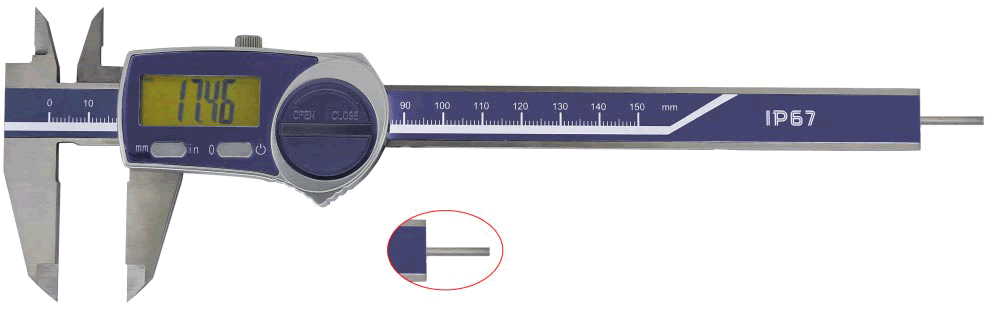 Digital-Messschieber IP 67 Messbereich 0 - 150 mm, mit rundem Tiefenmaß Digital-Messschieber IP 67 Messbereich 0 - 150 mm, mit rundem Tiefenmaß